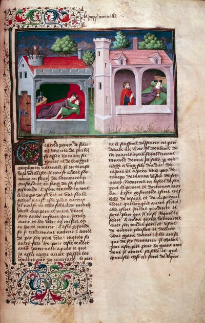 Escena galante: dos parejas conversando. Página de un manuscrito en francés del "Decamerón" de Giovanni Boccaccio dit Jean Boccace (1313-1375), escritor italiano, iluminado por el Maestro de Mansel. 1450. París, Biblioteca del Arsenal de Master of Jean Mansel
