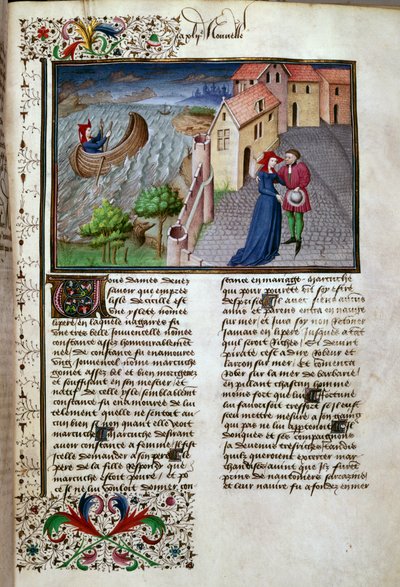 La partida Página tomada de un manuscrito en francés del "Decamerón" de Giovanni Boccaccio dit Jean Boccaccio (1313-1375), escritor italiano, iluminado por el Maestro de Mansel. 1450. París, Biblioteca del Arsenal de Master of Jean Mansel