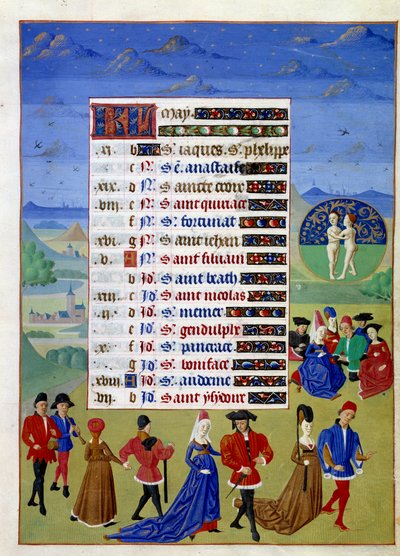 Mayo: los cortesanos pasean. Página de manuscrito iluminado tomada del "Libro de Horas de la Duquesa de Borgoña, Adelaida de Saboya" por el Maestro de Adelaida de Saboya (siglo XV) y el Maestro de Jean Rolin (siglo XV) de Master of Jean Rolin II
