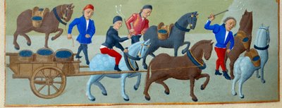 La vendimia y el transporte (detalle) de un manuscrito iluminado tomado del "Libro de Horas de la Duquesa de Borgoña, Adelaida de Saboya" por el Maestro de Adelaida de Saboya (siglo XV) y el Maestro de Jean Rolin (siglo XV) de Master of Jean Rolin II