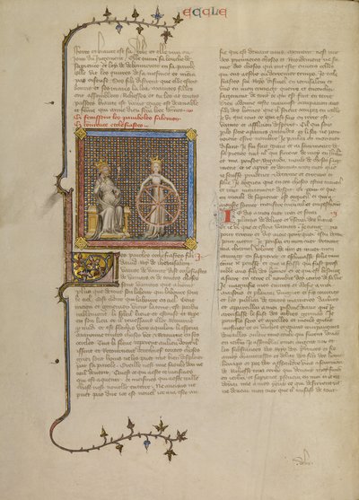 Salomón con una figura femenina coronada que sostiene una rueda que ilustra el cambio de las estaciones de Master of Jean de Mandeville