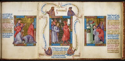 Tres escenas que representan "La matanza de los profetas", "Cristo ante Pilato" y "El encarcelamiento de Daniel", ilustración de "Biblia Pauperum". de Master of Margaret of Cleves