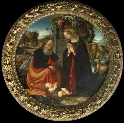 La Natividad, con María y José en el camino a Belén, la Anunciación a los pastores y la llegada de los pastores de Master of Marradi
