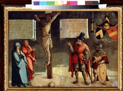 Crucifixión con donantes. Crucifixión con Donantes. Pintura del maestro de Messkirch (hacia 1500-1543). Óleo sobre madera. Arte renacentista alemán. Museo de Bellas Artes, Pushkin, Moscú de Master of Messkirch