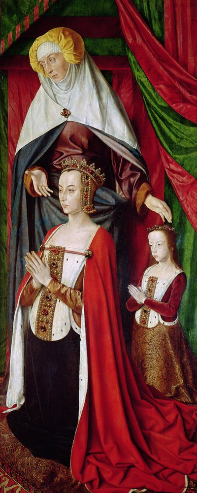 El retablo de Borbón, panel derecho que representa a Santa Ana presentando a Ana de Francia y su hija, Suzanne de Borbón c.1498 de Master of Moulins