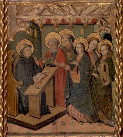 La Virgen María y los santos Pedro, Pablo, Juan el evangelista y Catalina de Alejandría se aparecen a San Martín de Master of Riglos