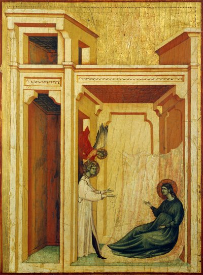 Ángel coronando a Valeriano con rosas y lirios, detalle del retablo que representa la Leyenda de Santa Cecilia, hacia 1304, del Maestro de Santa Cecilia (activo a principios del siglo XIV), temple sobre tabla y estampado en pan de oro, 85x181 cm de Master of Saint Cecilia
