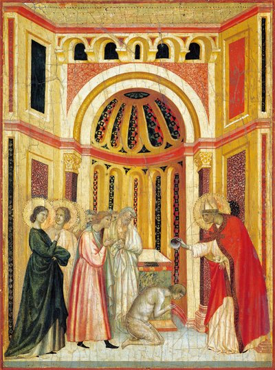 El obispo Urbano bautizando a Tiburcio, detalle del retablo de la Leyenda de Santa Cecilia, hacia 1304, del Maestro de Santa Cecilia (activo a principios del siglo XIV), temple sobre tabla y estampado en pan de oro, 85x181 cm de Master of Saint Cecilia