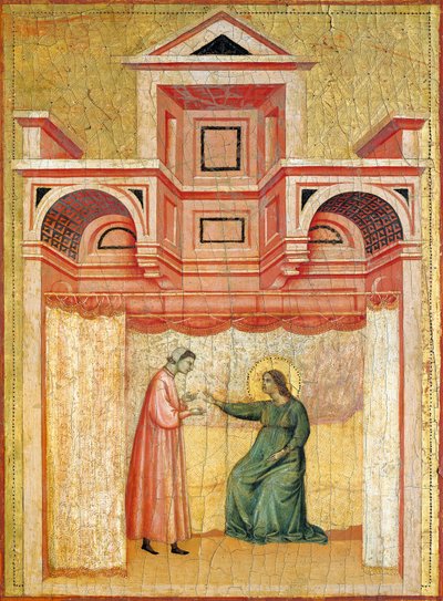 Cecilia persuadiendo a su marido Valeriano para que se bautice, detalle del retablo que representa la Leyenda de santa Cecilia, hacia 1304, del Maestro de Santa Cecilia (activo a principios del siglo XIV), temple sobre tabla y estampado en pan de oro, 85x1 de Master of Saint Cecilia