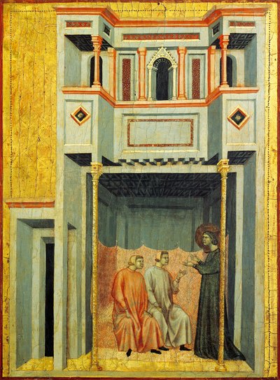 Santa Cecilia y Valeriano convirtiendo a Tiburcio, detalle del retablo que representa la Leyenda de Santa Cecilia, hacia 1304, del Maestro de Santa Cecilia (activo a principios del siglo XIV), temple sobre tabla y estampado en pan de oro, 85x181 cm de Master of Saint Cecilia
