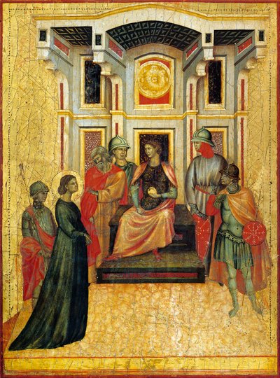 Santa Cecilia contrastando asuntos de fe con el prefecto, detalle del retablo que representa la Leyenda de Santa Cecilia, hacia 1304, del Maestro de Santa Cecilia (activo a principios del siglo XIV), temple sobre tabla y estampado en pan de oro, 85x181 cm de Master of Saint Cecilia
