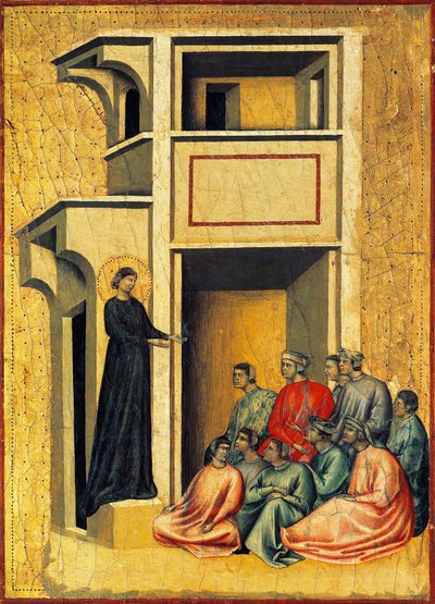 Santa Cecilia convirtiendo a los soldados del prefecto, detalle del retablo que representa la Leyenda de Santa Cecilia, hacia 1304, del Maestro de Santa Cecilia (activo a principios del siglo XIV), temple sobre tabla y estampado en pan de oro, 85x181 cm de Master of Saint Cecilia