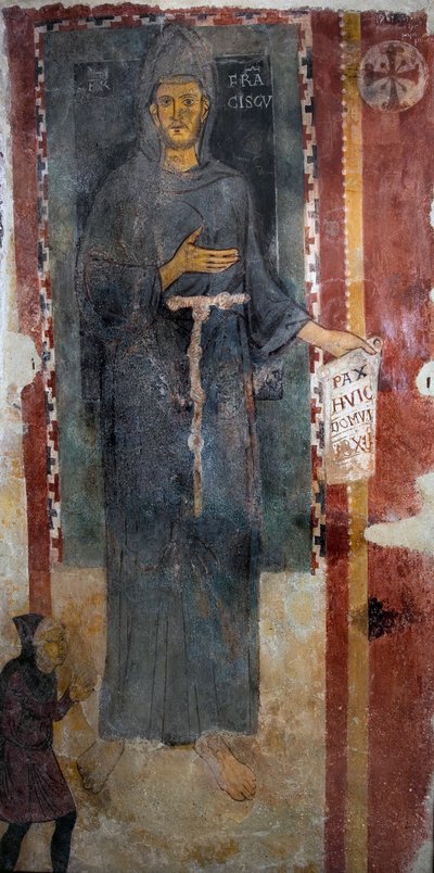 Representación de San Francisco de Asís (1181-1226). Esta es ciertamente la primera representación del santo ejecutada mientras estaba vivo, representado sin estigmas y sin aureola. Sostiene un papel donde está escrito en latín “Pax huic Domui” (Paz a es de Master of Saint Francis of Assisi