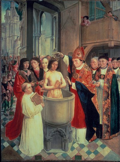 El bautismo de Clodoveo I, en Reims por San Remi el 25/12/496 (o 499), c. 1490-1510 (óleo sobre tabla) de Master of Saint Giles