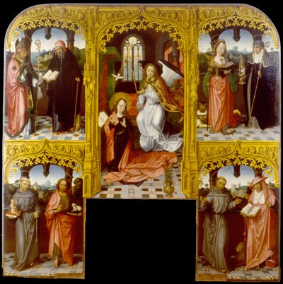 La Anunciación con San Lázaro y San Antonio Abad, Catalina de Alejandría y Clara, Antonio de Padua y Juan el Bautista, Francisco y Jerónimo de Master of Saint John the Evanglist