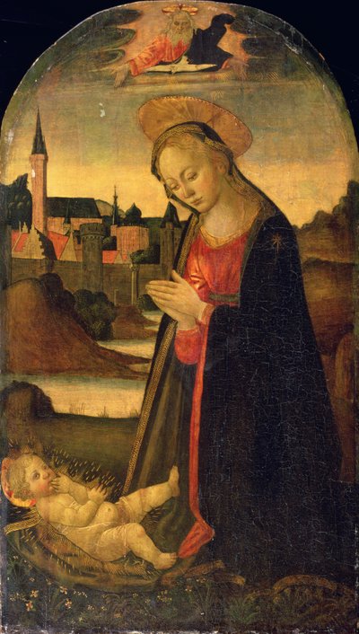 La Virgen Adorando al Niño, Una Ciudad en un Río al Fondo, c.1478 de Master of San Miniato