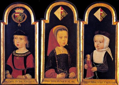 Archiduque Carlos, el futuro emperador del Sacro Imperio Romano Germánico Carlos V, con sus hermanas Leonor e Isabel a la edad de 2 años, 1502 de Master of St.Georgsgilde