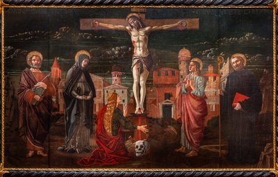 Cristo crucificado entre San Pedro, la Virgen, María Magdalena, San Juan apóstol y San Benito de Master of St. Peter in Vicenza