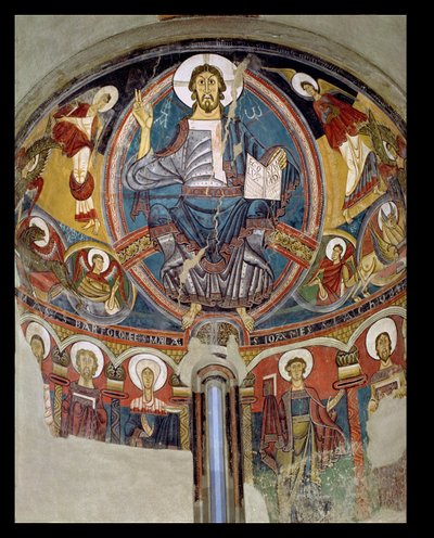 Cristo en Majestad flanqueado por serafines y símbolos de los Evangelistas, fresco del ábside de San Climente en Taull (Tahull) Cataluña, c.1123 (fresco) de Master of Tahull