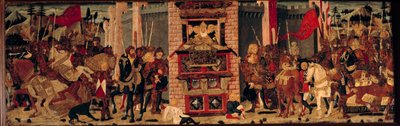 Arriba, Didon recibiendo a los embajadores de Enee en Troya. Detrempe sobre madera del Maestro De Tournon De Sainte Croix de Master of Tournon de Sainte Croix