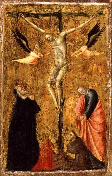 La crucifixión con la Virgen y SS. Juan el Evangelista, Francisco de Asís y María Magdalena, c.1345 de Master of Verrucchio