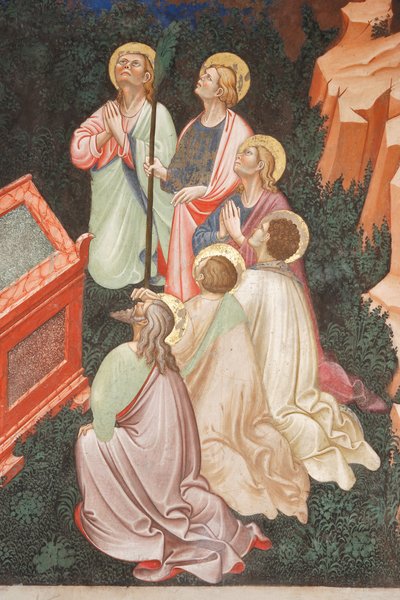 "Asunción de la Virgen" y "la Virgen María soltando el cinturón a Santo Tomás", Detalle de los apóstoles, c.1420 (fresco) de Master of Vignola