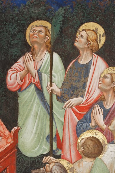 "Asunción de la Virgen" y "la Virgen María dejando caer el cinturón o Santo Cinturón a Santo Tomás", Detalle de apóstoles, c.1420 (fresco) de Master of Vignola