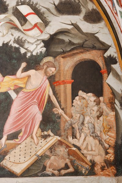 "Resurrección" y "Bajada al Limbo", Detalle de la "Bajada al Limbo": Jesús toma la mano de Adán. A los pies de Cristo, las puertas del infierno y la figura del diablo en el suelo, c.1420 (fresco) de Master of Vignola