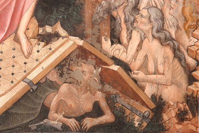"Resurrección" y "Bajada al Limbo", Detalle de la "Bajada al Limbo": las puertas del infierno y la figura del diablo en el suelo, c.1420 (fresco) de Master of Vignola