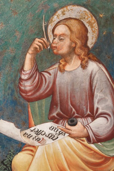 "San Mateo Evangelista" escribiendo "Cum natus esset Yhesus", c.1420 (fresco) Detalle, c.1420 (fresco) de Master of Vignola