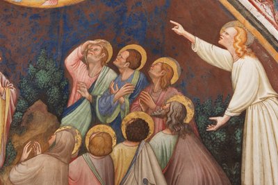 "La Ascensión de Cristo", Detalle con figuras masculinas y santos, c.1420 (fresco) de Master of Vignola