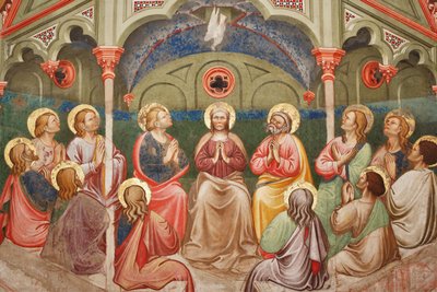"El Pentecostés", Detalle con santos orantes y la Virgen María, y la paloma, c.1420 (fresco) de Master of Vignola