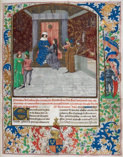 Eduardo IV entronizado, vistiendo la orden del Toisón de Oro, recibiendo el libro de manos de Jean Wavrin, de 