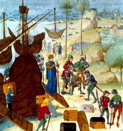El rey Eduardo III llegando a Saint Vaast La Hogue el 12 de julio de 1346, ilustración de las Crónicas de Inglaterra de Master of Wavrin