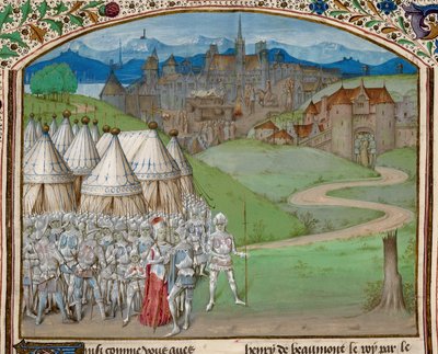 Royal 15 E. IV f.316v La reina Isabel y su ejército con el descuartizamiento del cuerpo de Hugh le Despenser al fondo, ilustración de 