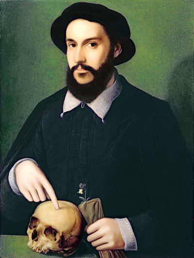 Retrato de un Caballero con su Mano Derecha Apuntando a una Calavera, c.1540 de Master of the 1540s