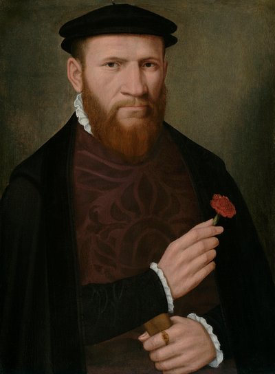 Retrato de un hombre con su mano derecha sosteniendo un clavel rojo y en su izquierda un guante, 1540-51 de Master of the 1540s