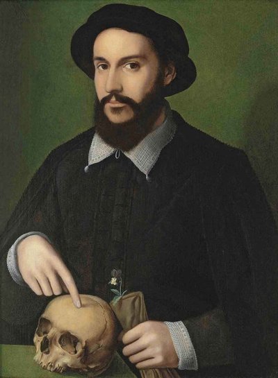 Retrato de un hombre señalando una calavera de Master of the 1540s