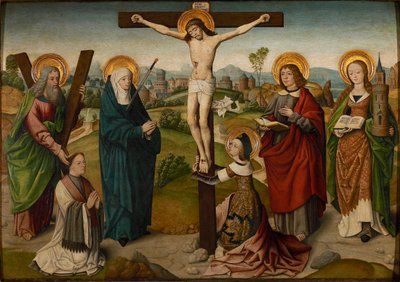 La crucifixión con santos y donantes, c. 1490-1495 de Master of the Aachen Cabinet Doors
