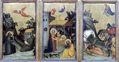 Las Estigmas de San Francisco, La Natividad y La Conversión de San Pablo de Master of the Accademia Misericordia