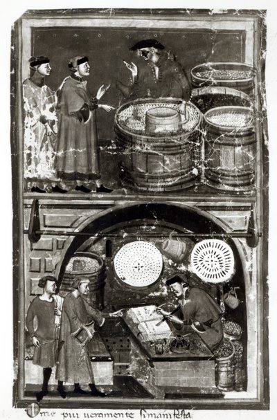 Un comerciante de aceitunas en el mercado y en su tienda de Master of the Biadaiolo Codex