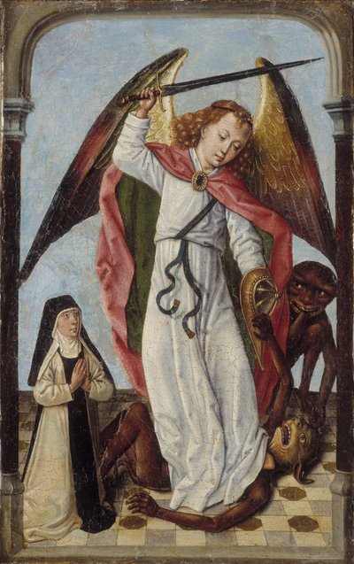 San Miguel luchando contra los demonios en presencia de una monja de Master of the Bruges Legend of St. Ursula