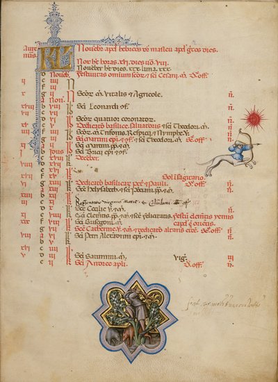 Un hombre derriba bellotas de un árbol; signo zodiacal de Sagitario de Master of the Brussels Initials