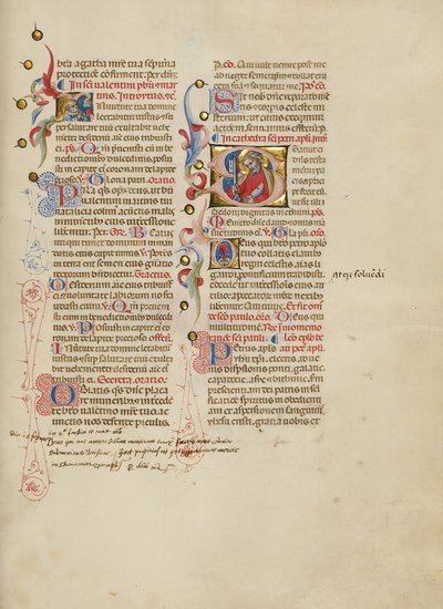 Inicial I: San Valentín; Inicial S: San Pedro de Master of the Brussels Initials