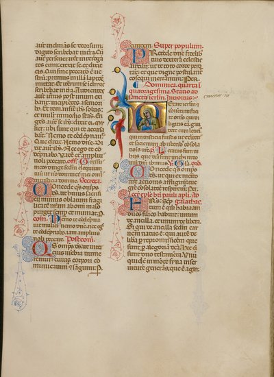 Inicial L: La Virgen en oración de Master of the Brussels Initials