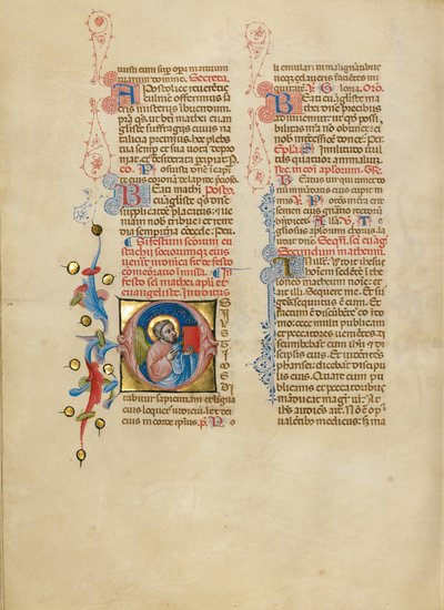 Inicial O: El ángel de San Mateo sosteniendo su Evangelio de Master of the Brussels Initials