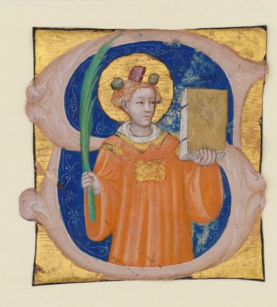 Iluminación de manuscrito con San Esteban en una inicial S, de un antifonario, italiano, ca. 1410-2 de Master of the Brussels Initials