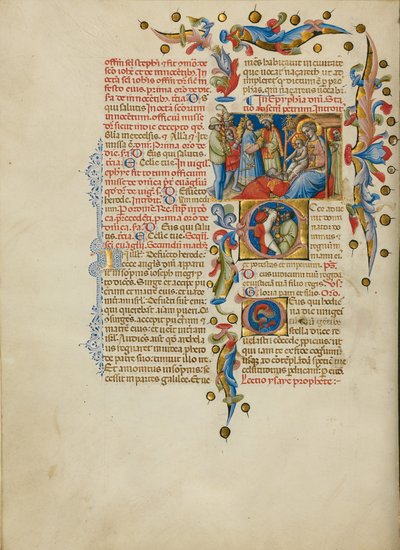 La adoración de los Reyes Magos; Inicial E: Portadores de espadas de Master of the Brussels Initials