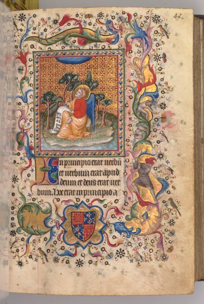 Horas de Carlos el Noble, Rey de Navarra 1361-1425: fol.1r, San Juan el Evangelista, c. 1405 de Master of the Brussels Initials and Associates