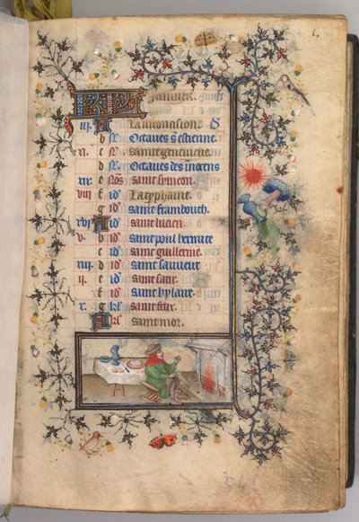 Horas de Carlos el Noble, Rey de Navarra 1361-1425: fol. 1r, enero de Master of the Brussels Initials and Associates